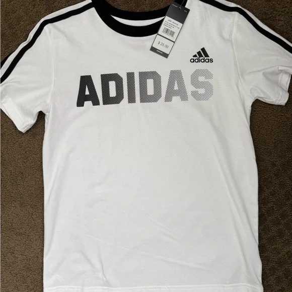 2 New ADIDAS boys medium shirts graphic logo long short sleeve black white 10-12 - Picture 2 of 4